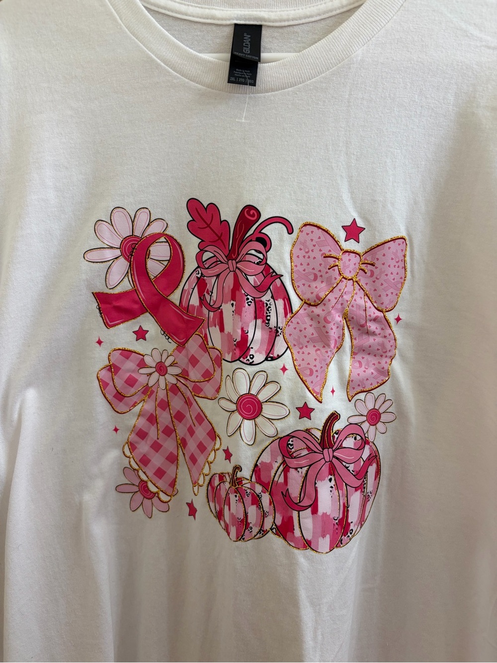 Gildan White Tee with Pink Bow & Pumpkin Graphic